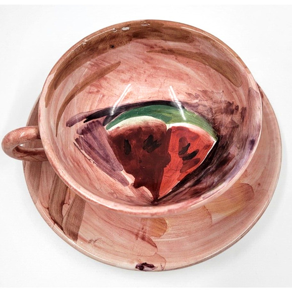 Peasant Village Pottery Hand Painted Cup & Saucer Watermelon Italy 09505 PV - Picture 9 of 9